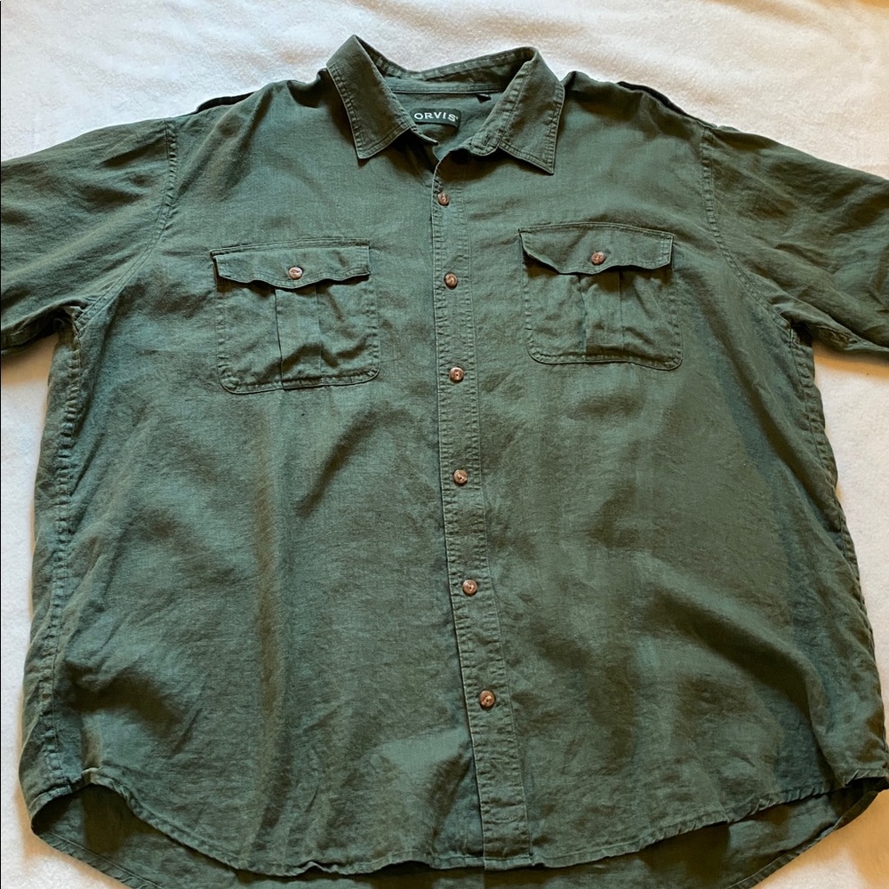 Orvis Bush Shirt Mens OD military Green Short Sleeve Button up XXL safari